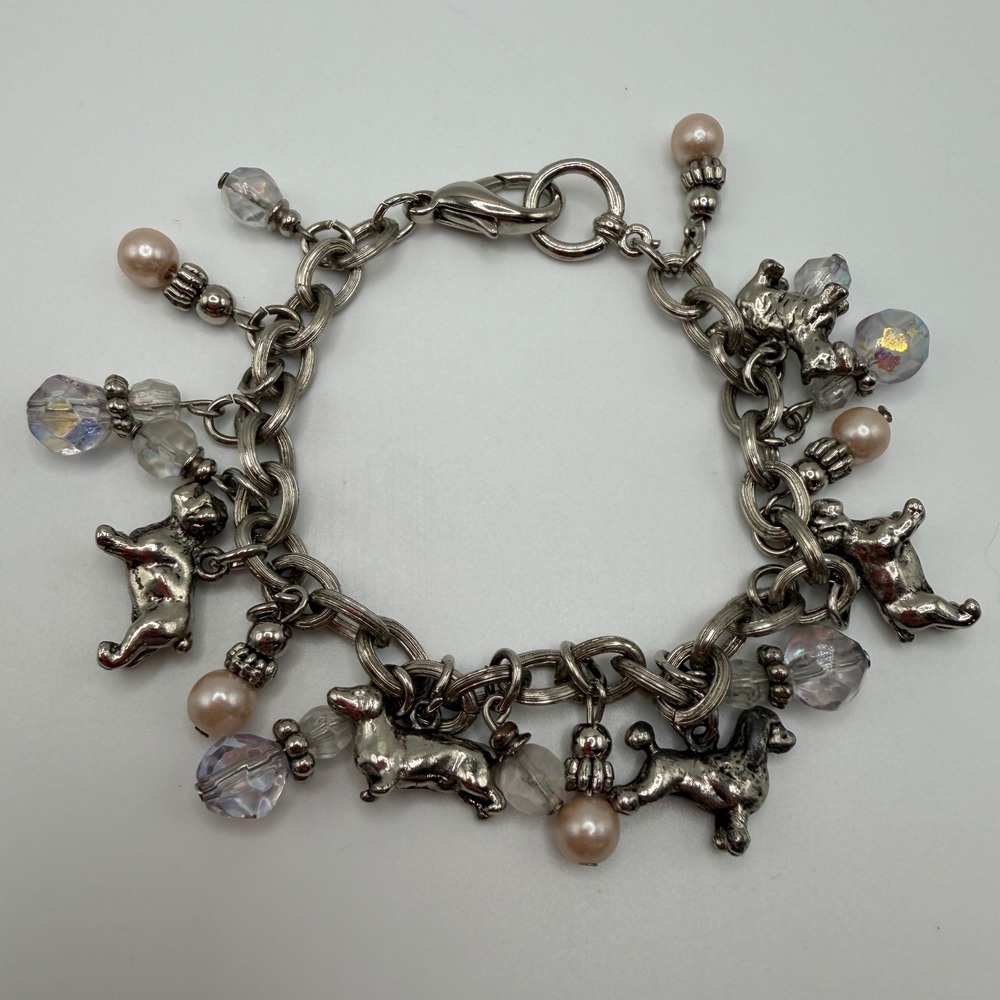 Silver‎ Tone Dog Charm Bracelet Iridescent Beads Faux Pearls Poodle Terrier